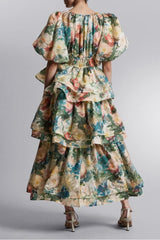 Floral Puff Sleeve Tiered Midi Dress