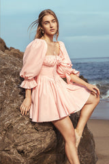 Solid Puff Sleeve Frill Mini Dress