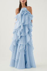 3D Flower Halter Neck Frill Maxi Dress