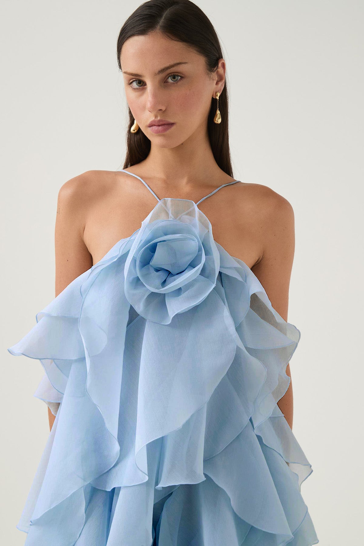 3D Flower Halter Neck Frill Maxi Dress