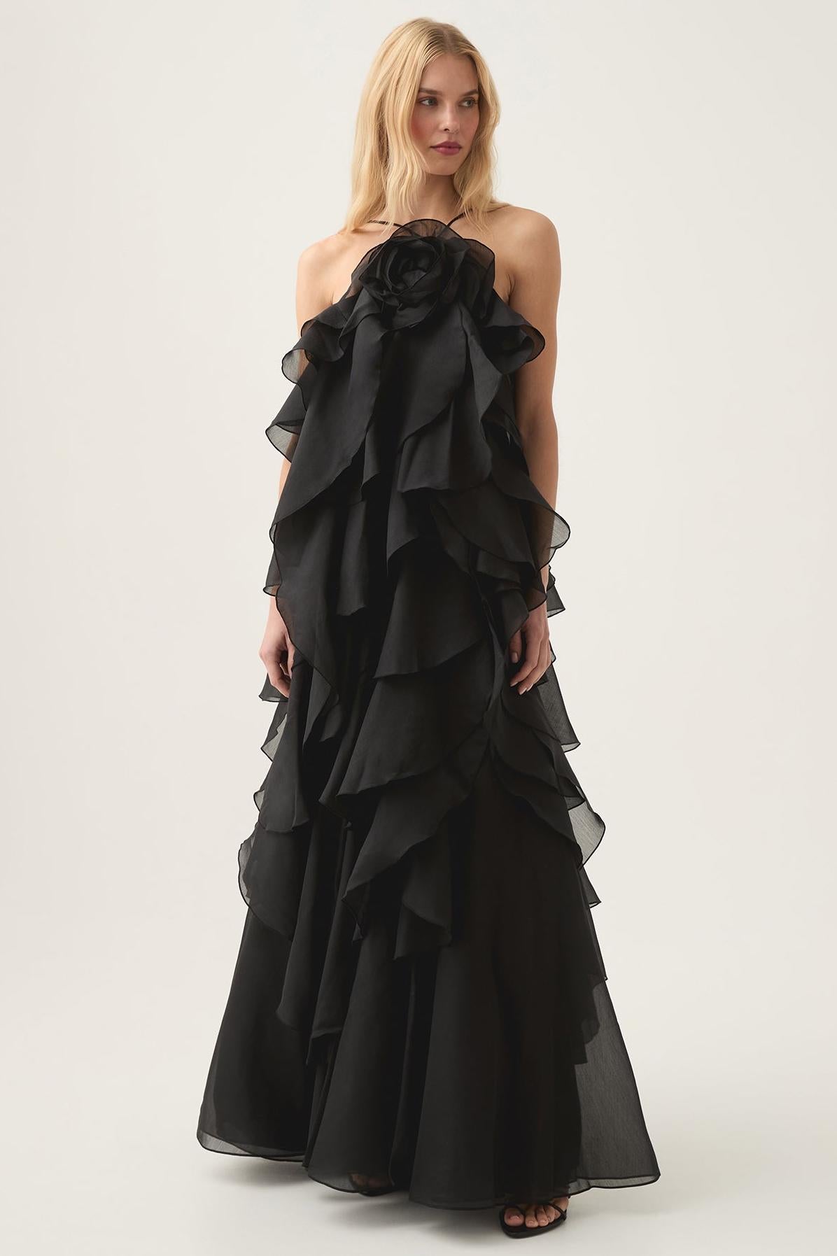 3D Flower Halter Neck Frill Maxi Dress