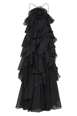 3D Flower Halter Neck Frill Maxi Dress