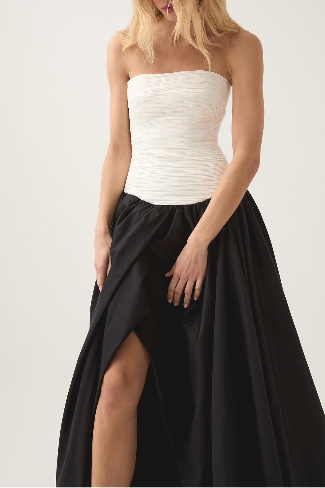 Off-Shoulder Pleat Split Solid Maxi Dress