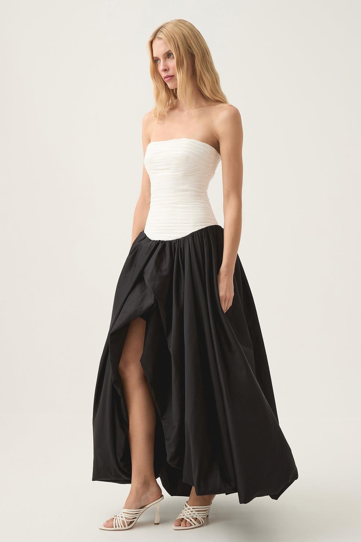 Off-Shoulder Pleat Split Solid Maxi Dress
