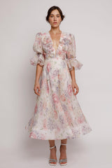 3D Flower Floral Lantern Sleeve Midi Dress
