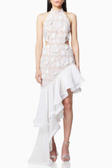 Ruffle Embroidered Halter Neck Midi  Dress