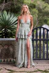Floral Faux Pearl Halter Neck Split Maxi Dress
