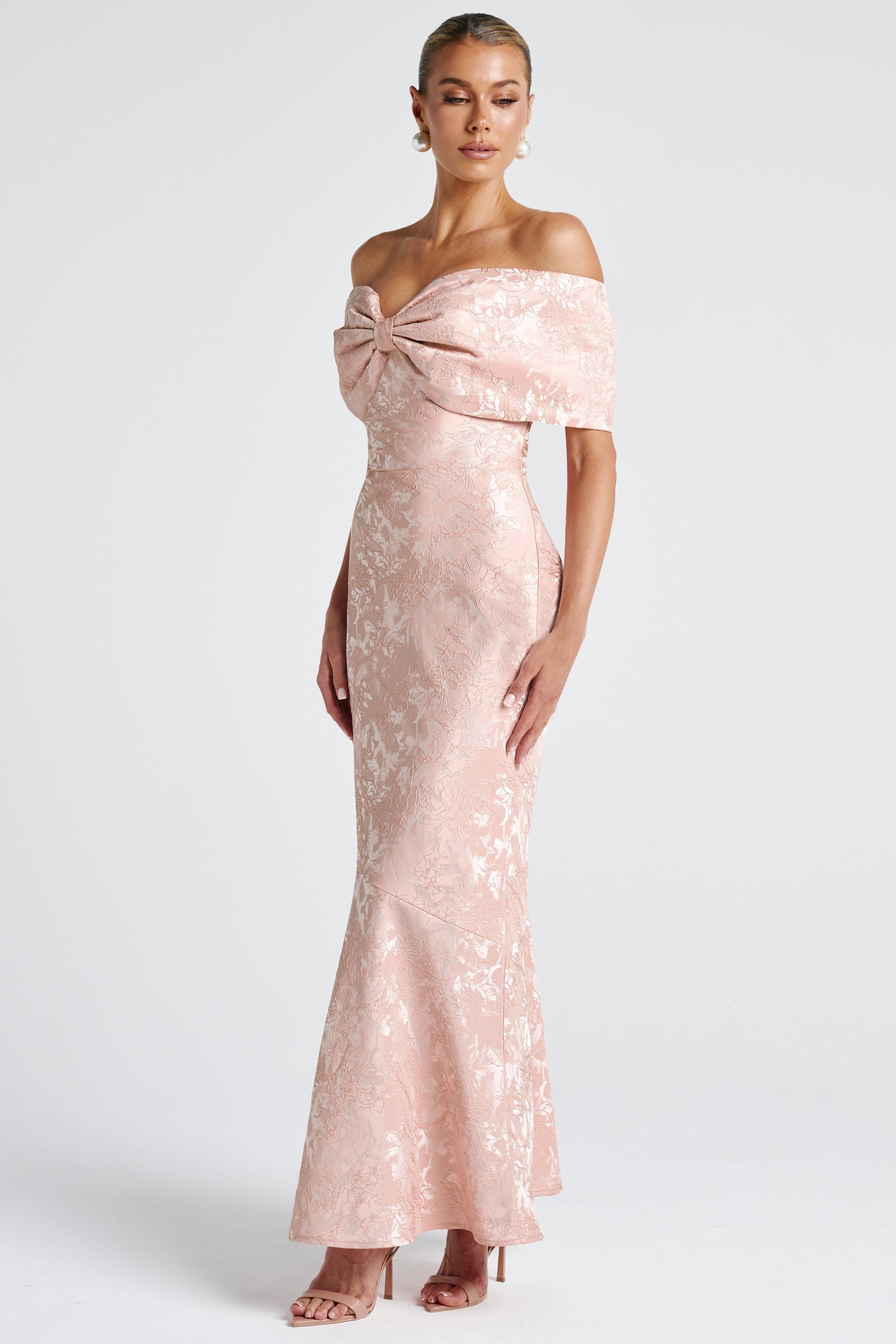 Bow Jacquard Off-Shoulder Maxi Dress