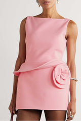 3D Flower Solid Sleeveless Mini Dress
