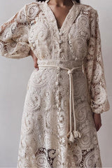 Lace Lantern Sleeve Lace Up Midi Dress