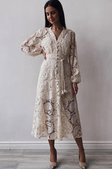 Lace Lantern Sleeve Lace Up Midi Dress
