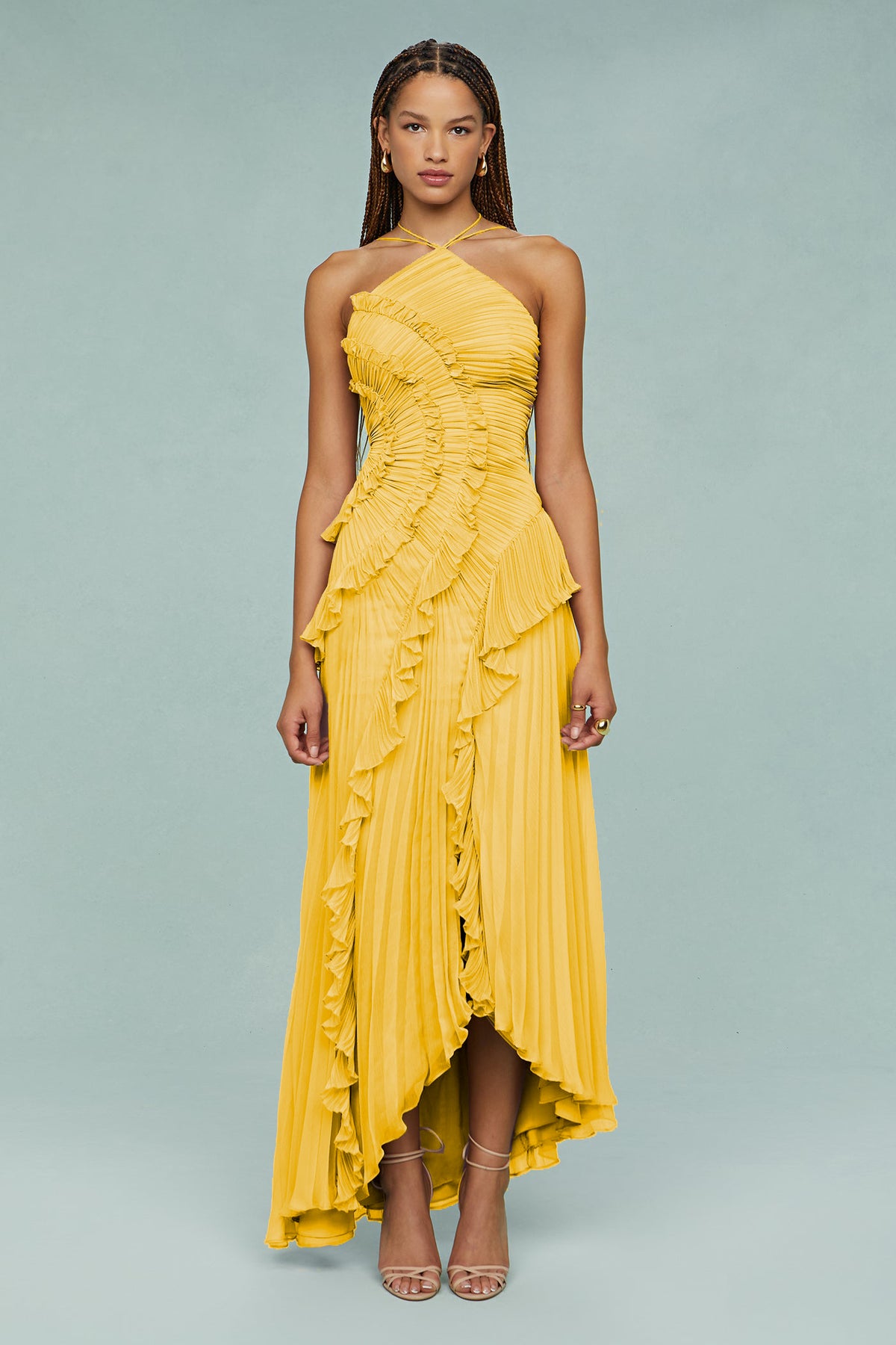 Pleated Frill Halter Neck Midi Dress