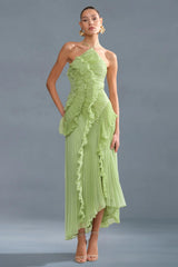 Pleated Frill Halter Neck Midi Dress