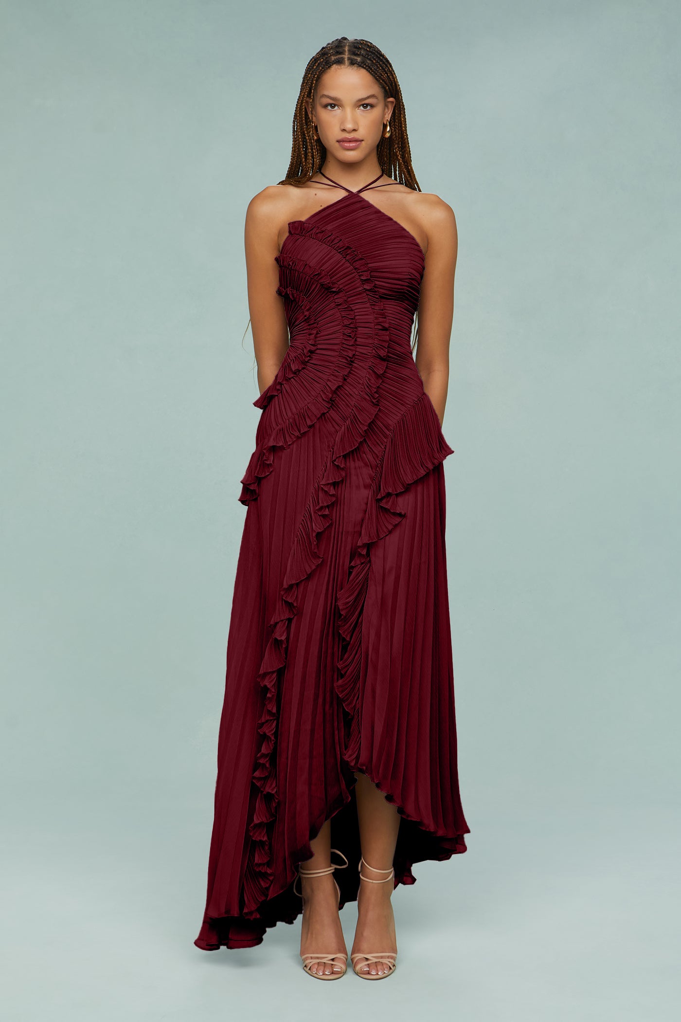 Pleated Frill Halter Neck Midi Dress