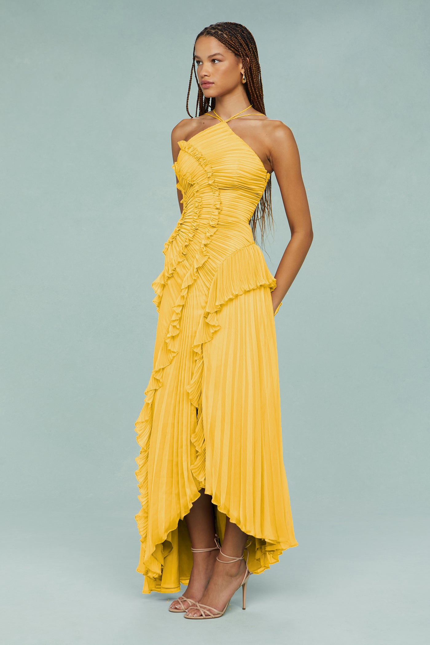 Pleated Frill Halter Neck Midi Dress