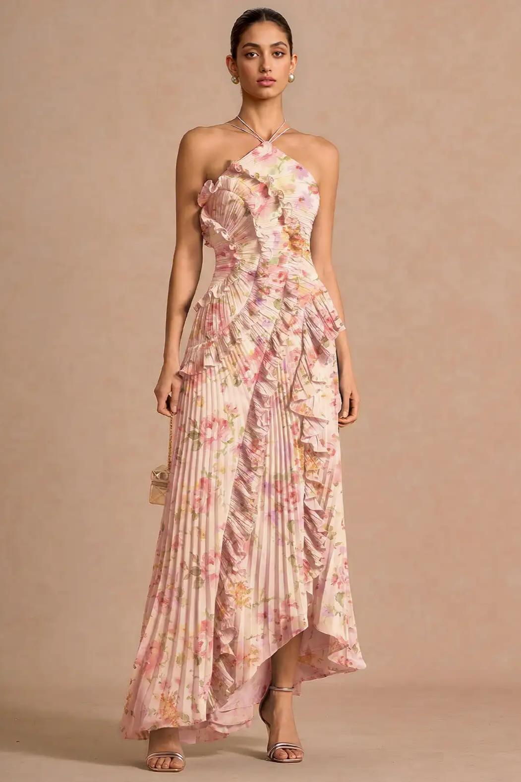 Pleated Frill Halter Neck Midi Dress