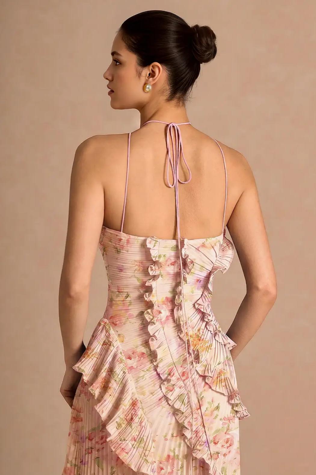 Pleated Frill Halter Neck Midi Dress