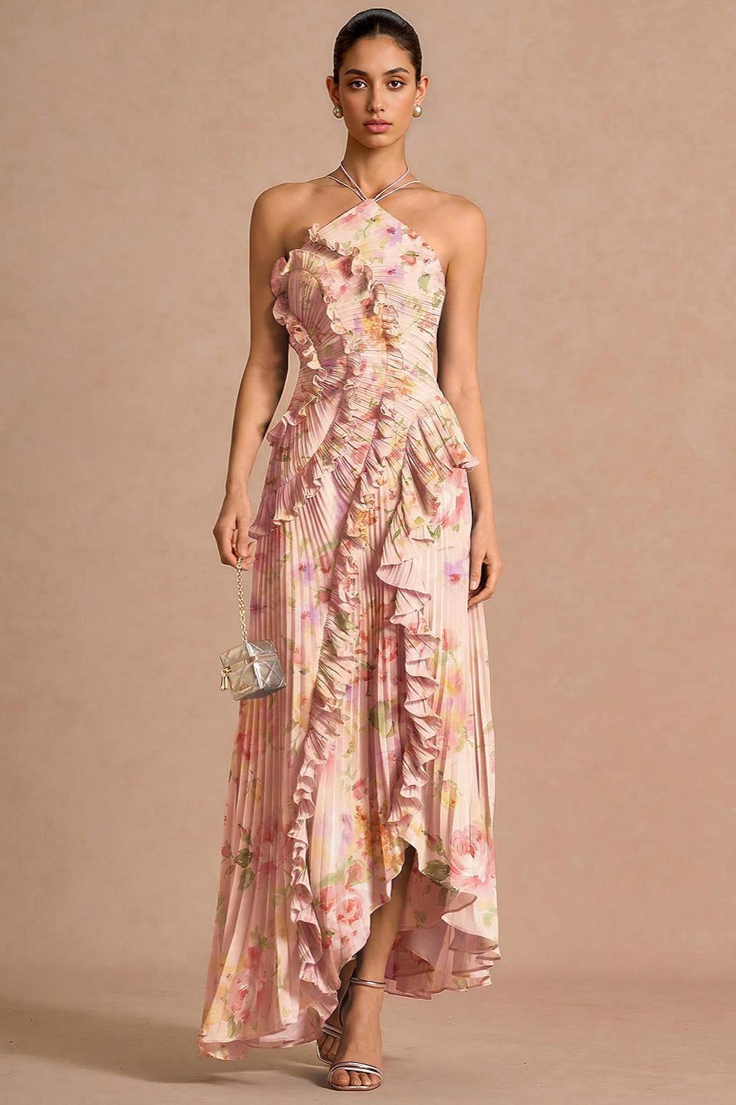 Pleated Frill Halter Neck Midi Dress