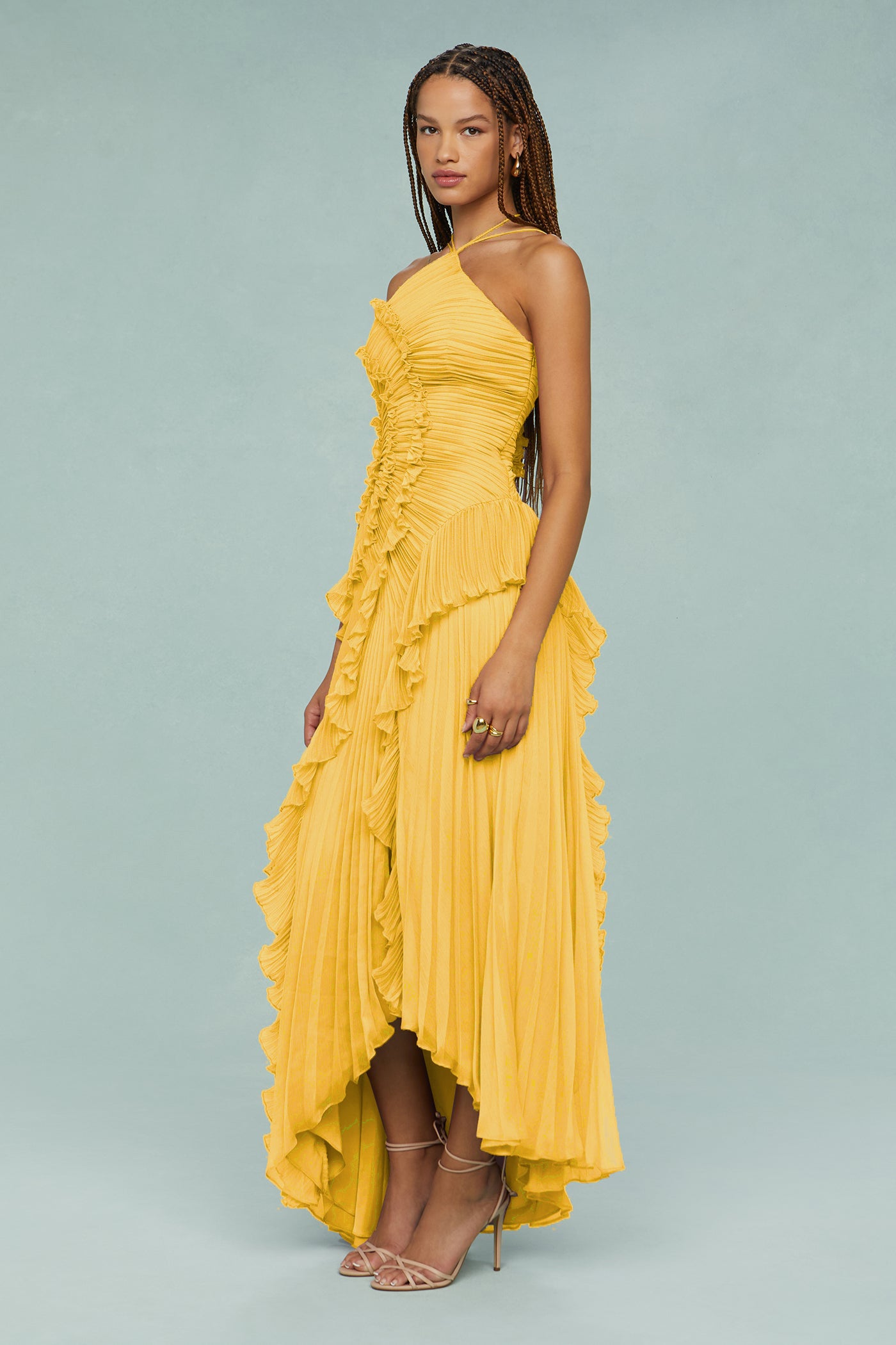 Pleated Frill Halter Neck Midi Dress