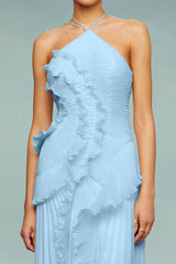 Pleated Frill Halter Neck Midi Dress