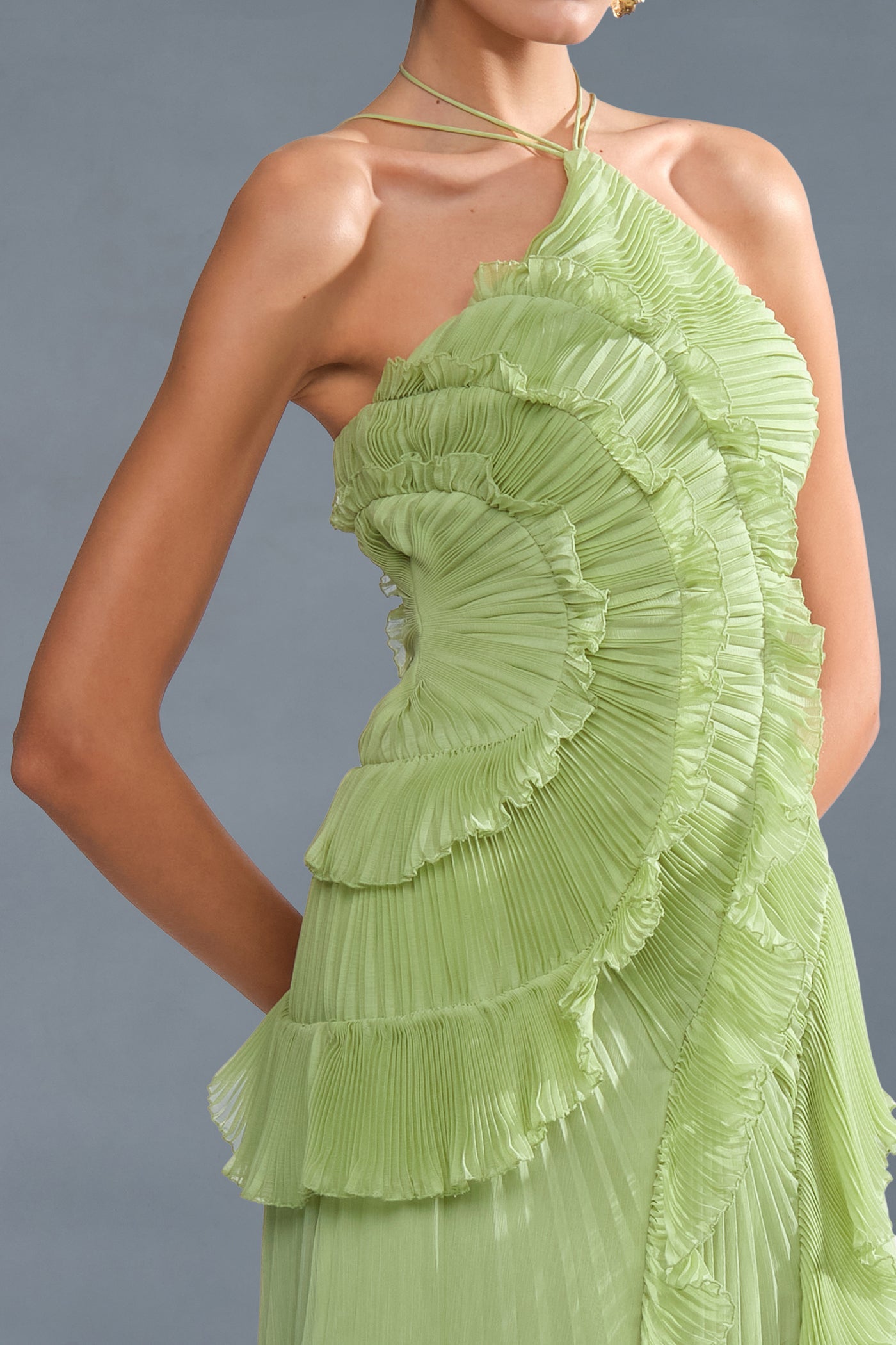 Pleated Frill Halter Neck Midi Dress