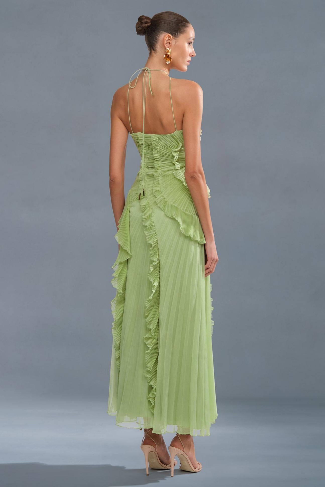 Pleated Frill Halter Neck Midi Dress