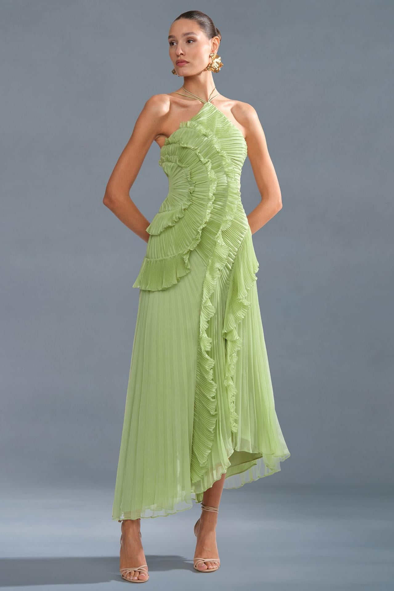 Pleated Frill Halter Neck Midi Dress