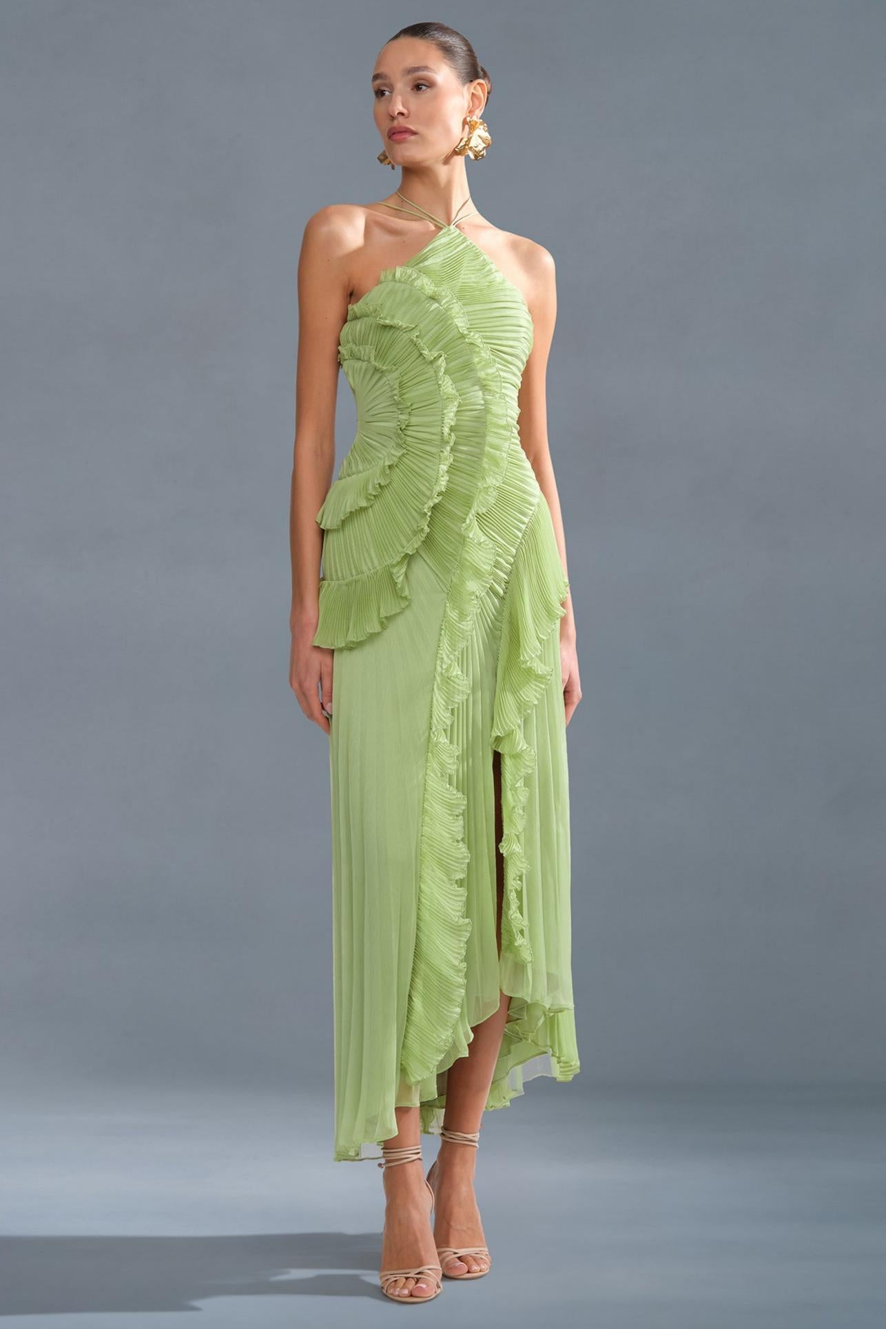 Pleated Frill Halter Neck Midi Dress
