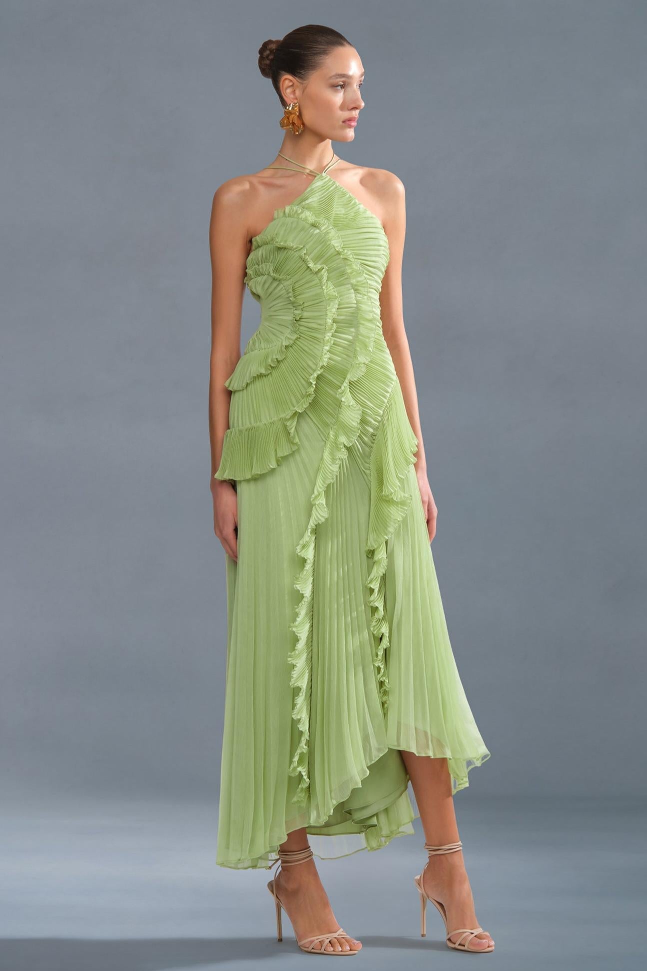 Pleated Frill Halter Neck Midi Dress