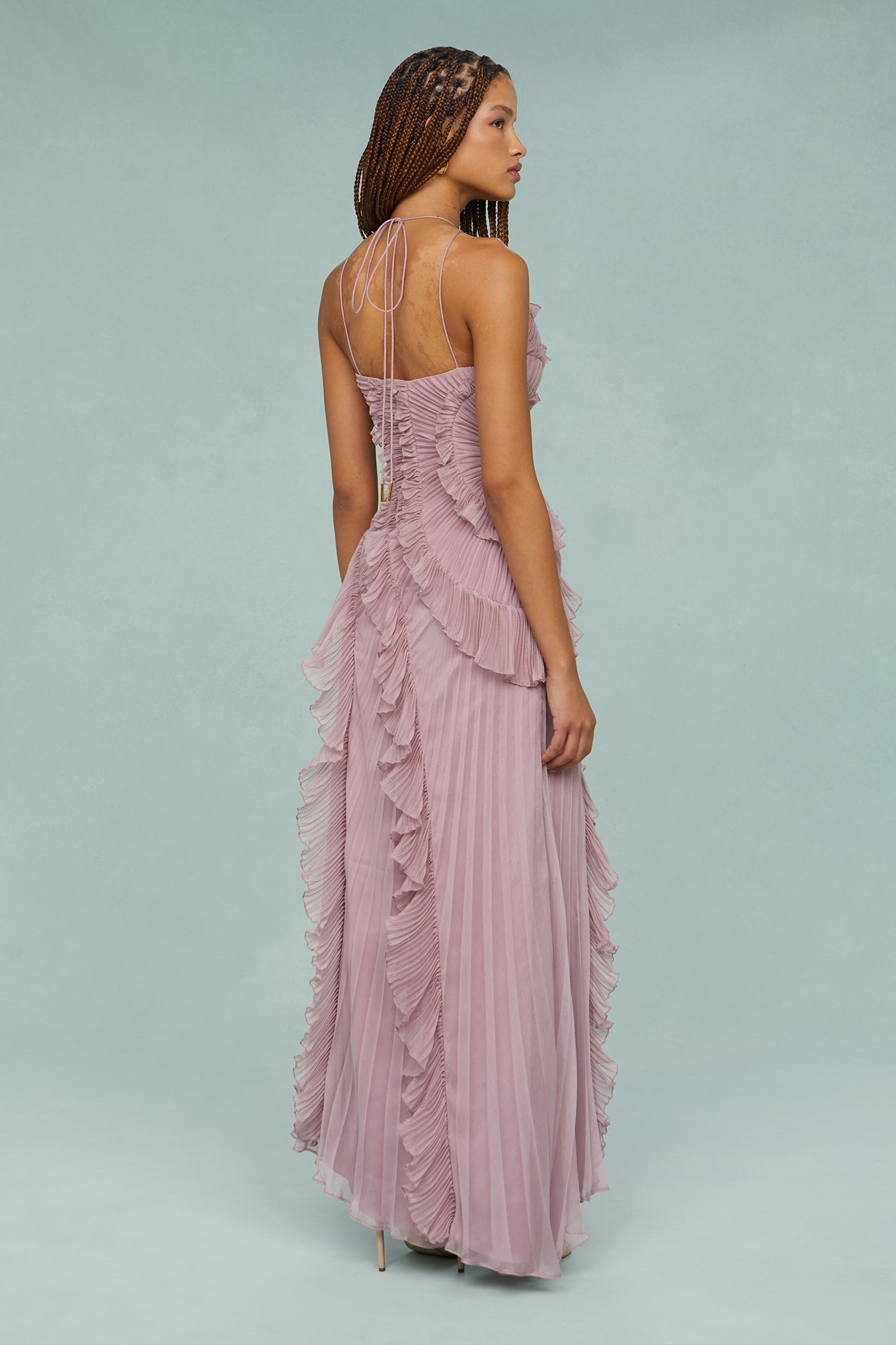 Pleated Frill Halter Neck Midi Dress
