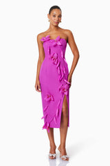 3D Flower Strapless Split Midi Dress