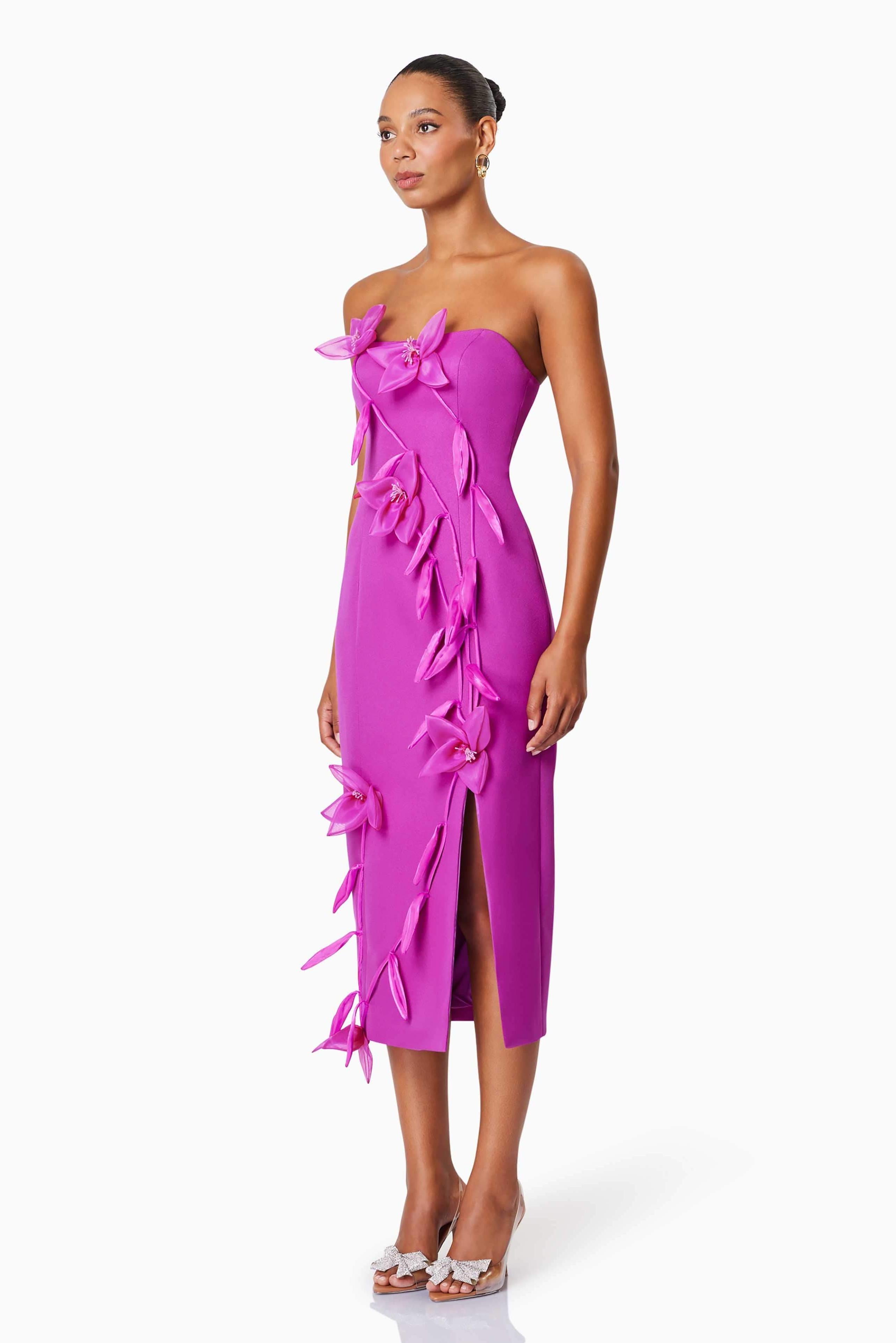 3D Flower Strapless Split Midi Dress