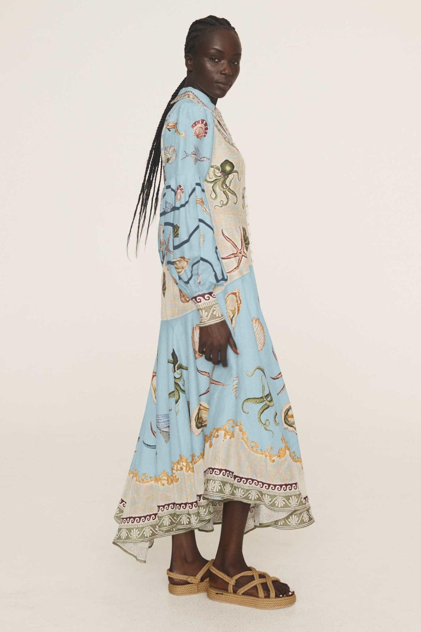 Marine Animal Print Lantern Sleeve Midi Dress