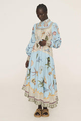 Marine Animal Print Lantern Sleeve Midi Dress