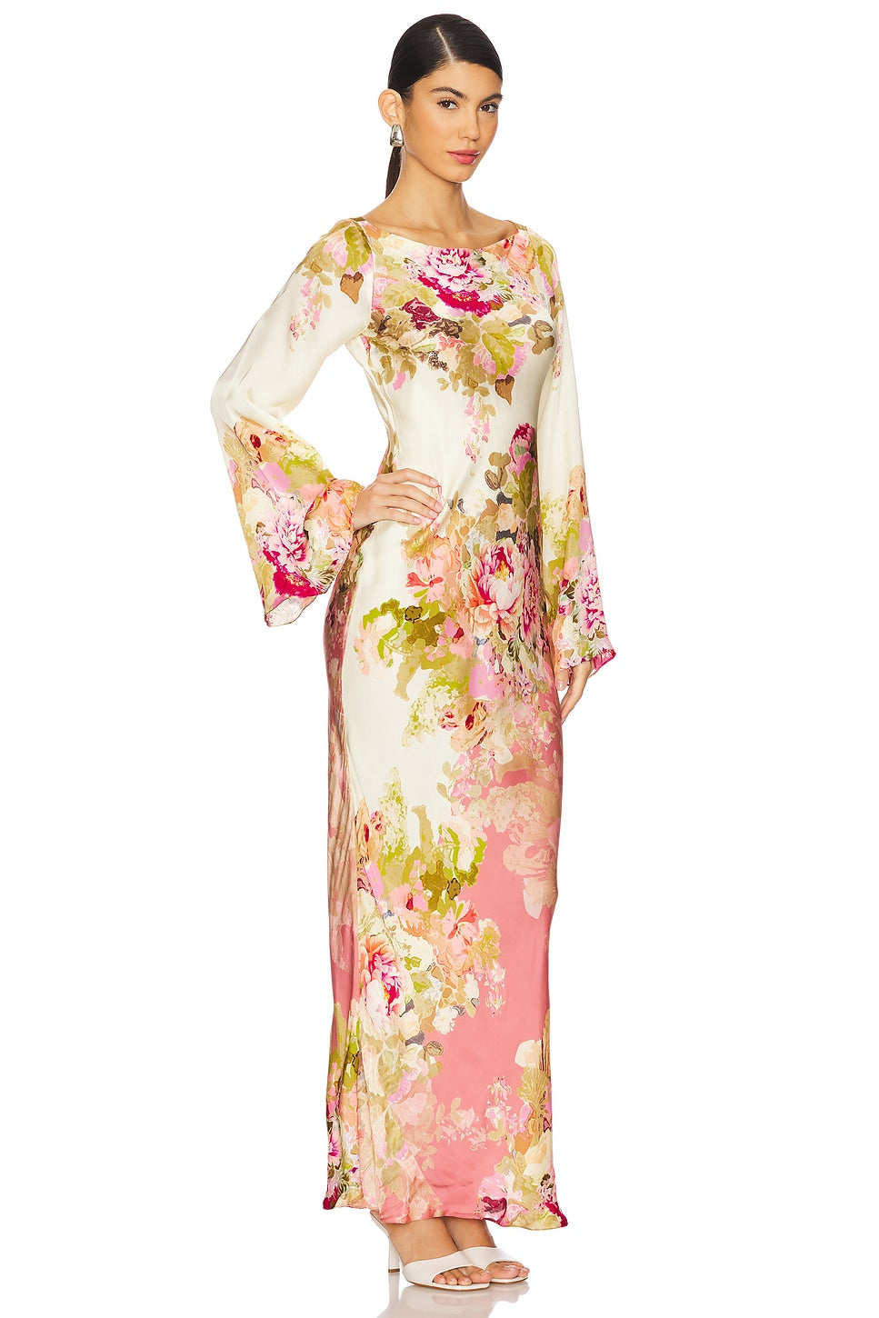 Floral Bell Sleeve Boat Neck Maxi Dress