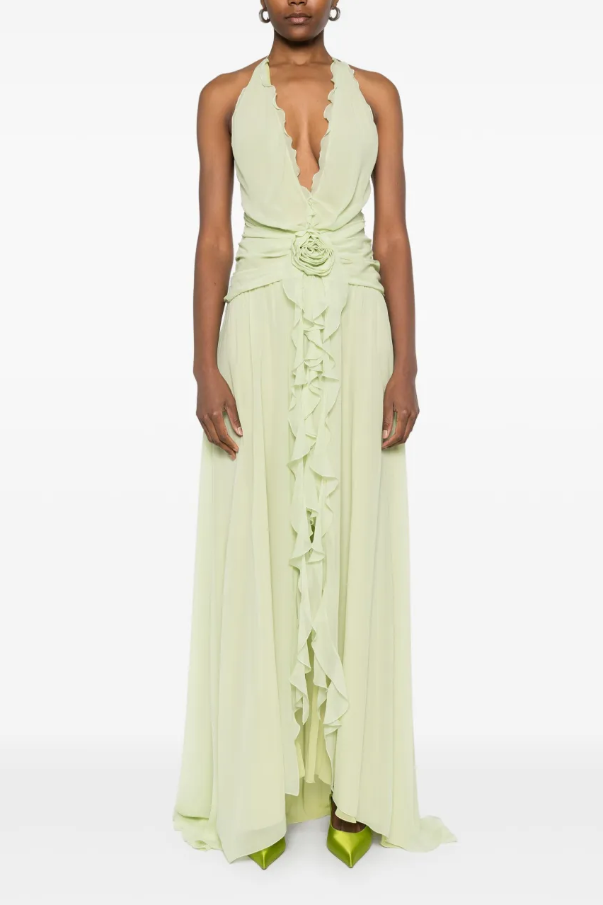 3D Flower Chiffon Ruffle Maxi Dress
