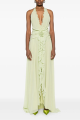 3D Flower Chiffon Ruffle Maxi Dress