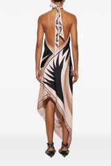 Scarf Print Satin Halter Neck Midi Dress