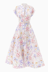 Floral Single Breasted Stand Collar Midi Dress