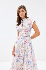 Floral Single Breasted Stand Collar Midi Dress