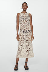 Crochet See-Through Sleeveless Midi Dress