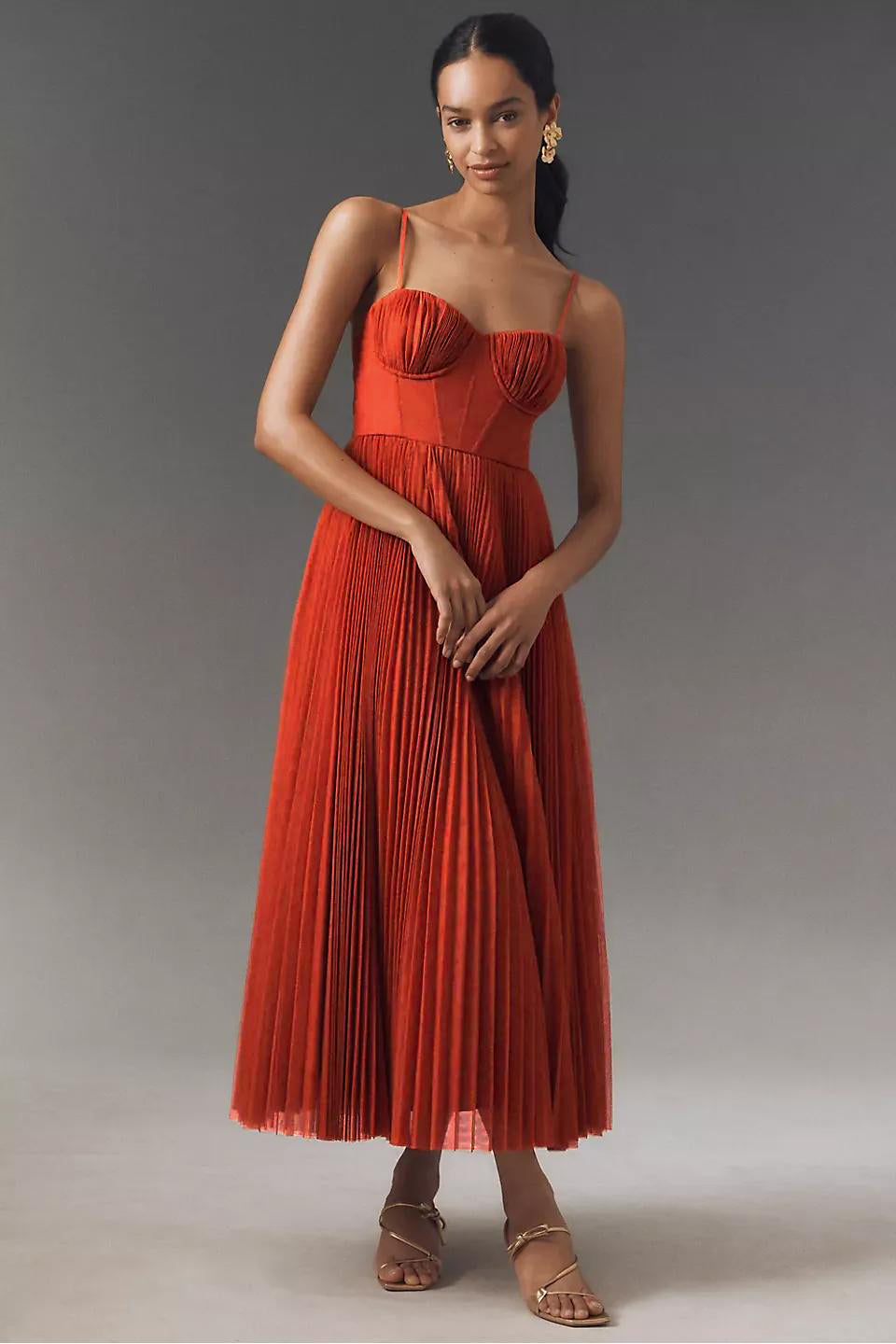 Solid Pleated Slip Midi Dress