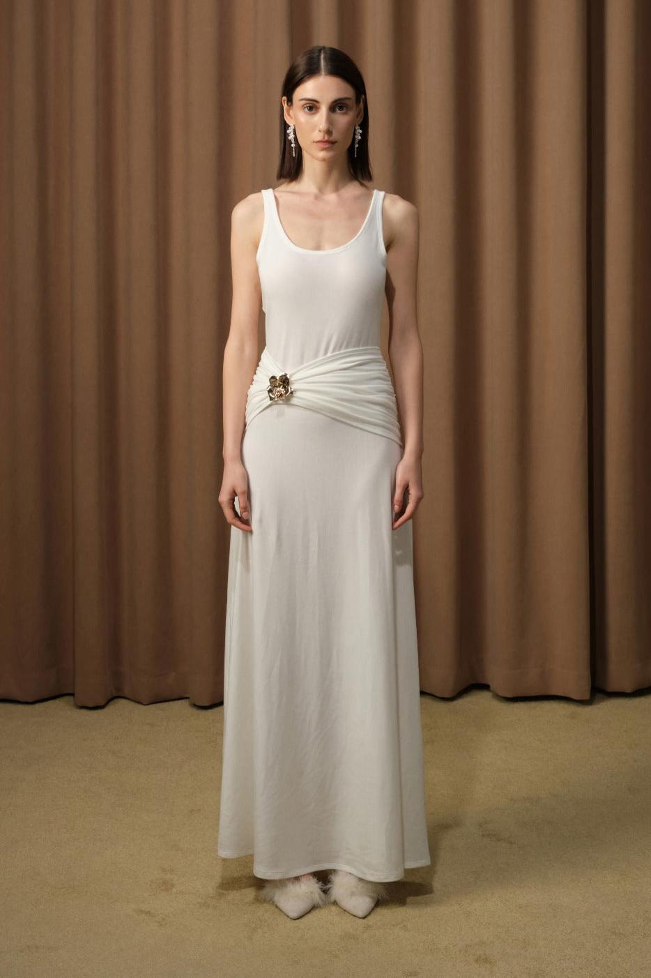 Solid Metal Flower Sleeveless Maxi Dress