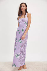 Floral Splicing Lace Halter Neck Midi Dress