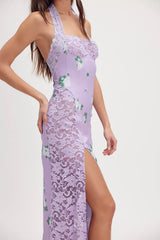 Floral Splicing Lace Halter Neck Midi Dress