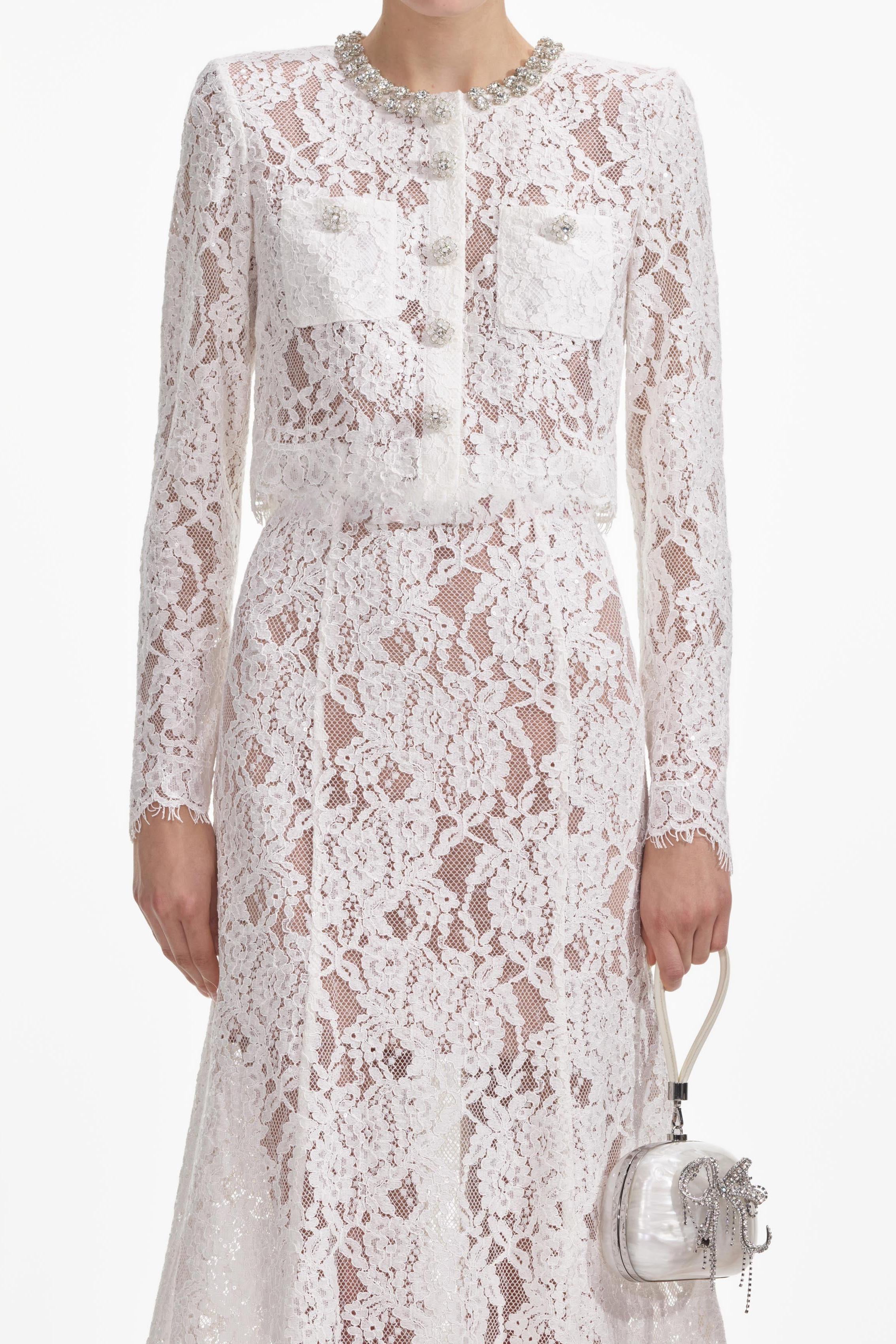Lace Sequin Rhinestone Long Sleeve Top & High Waist Midi Skirt Set