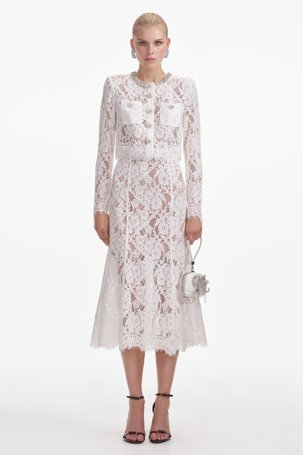 Lace Sequin Rhinestone Long Sleeve Top & High Waist Midi Skirt Set