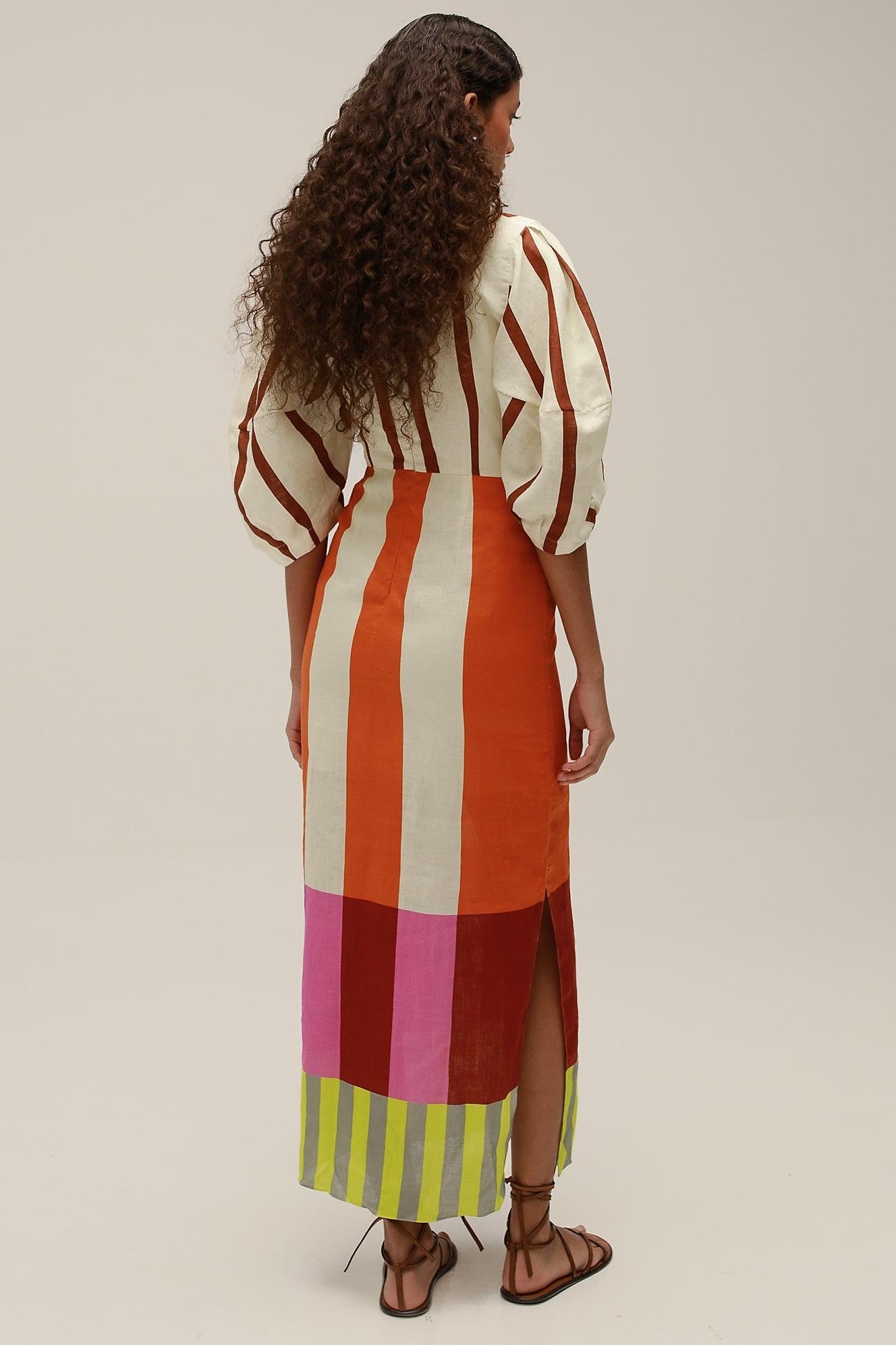 Stripe Knotted Mid Sleeve Midi Dress