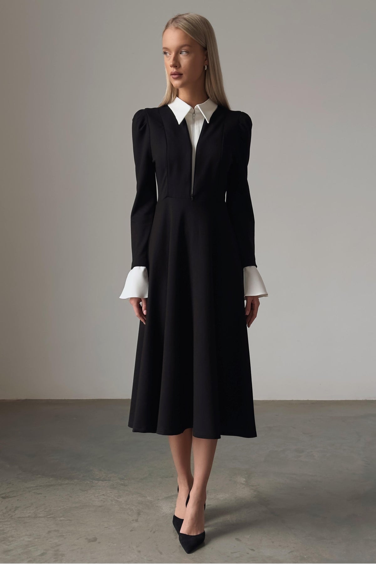 Contrast Color Splicing Bell Sleeve Midi Dress