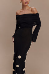 Knit Off-Shoulder 3D Flower Maxi Dress